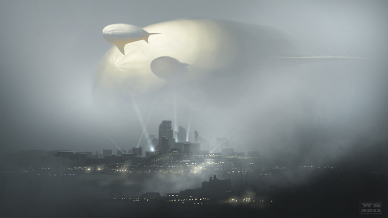 Illustration for article titled An airship emerges from the reddish clouds of dawn